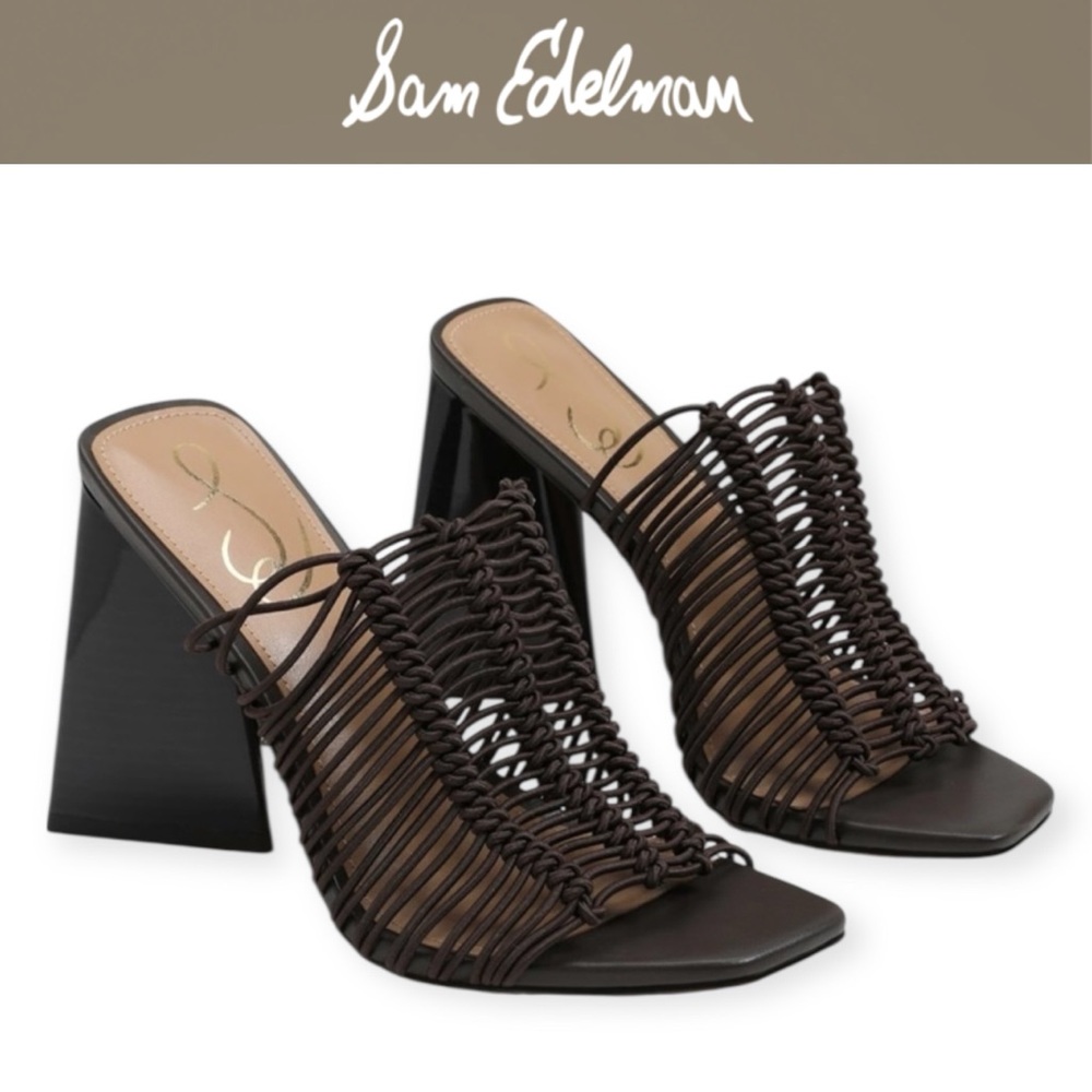 SAM EDELMAN BROWN LAURETTE TRIANGLE BLOCK HEEL WOVEN MULE SANDALS **NWT**